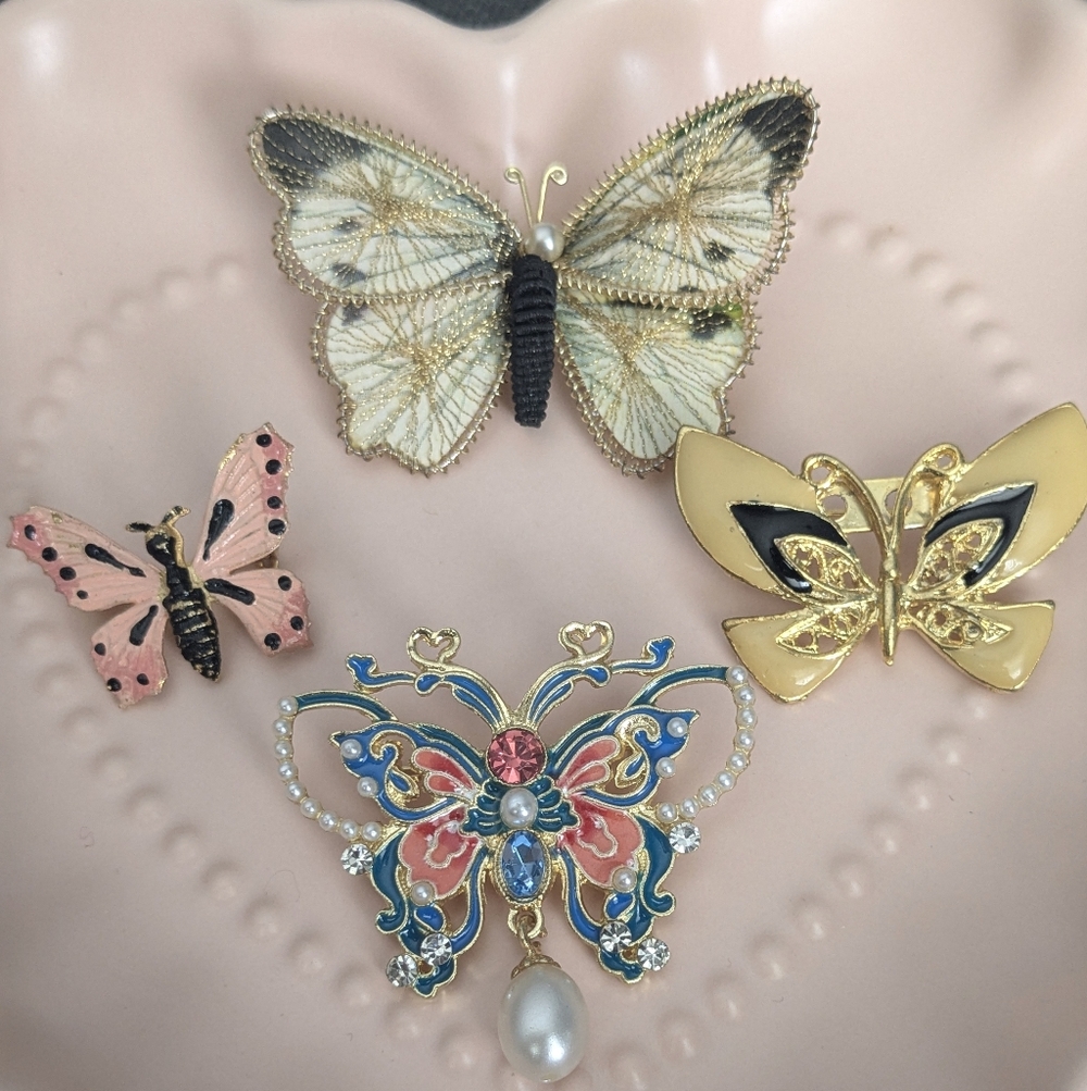 4 Gold Tone Pastel Butterfly Brooches